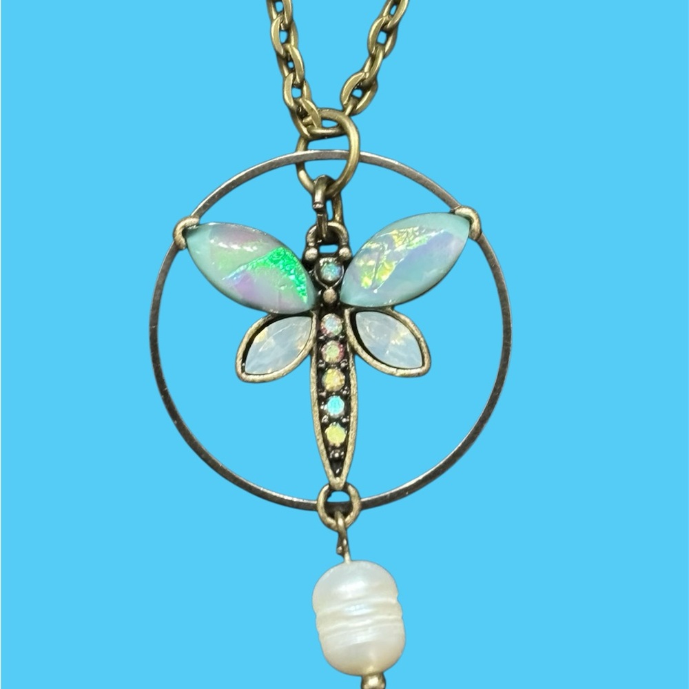 Antique Gold & Bronze Iridescent Dragonfly Pendant Necklace. NWT - Picture 2 of 7
